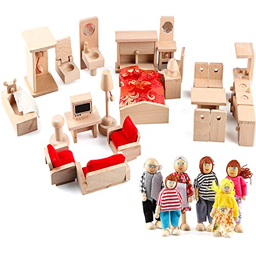 Puppenhaus-Möbel-Zubehör, Holz, Badezimmer/Wohnzimmer/Esszimmer/Schlafzimmer/Küche, 6 Familienpuppen, Dekoration, Pretend Play, Kinder, Weihnachten, Geburtstag, Geschenke für Mädchen, Spielzeug, 40 Puppenhaus-Möbel-Zubehör, Holz, Badezimmer/Wohnzimmer/Esszimmer/Schlafzimmer/Küche, 6 Familienpuppen, Dekoration, Pretend Play, Kinder, Weihnachten, Geburtstag, Geschenke für Mädchen, Spielzeug, 40 von Gemileo