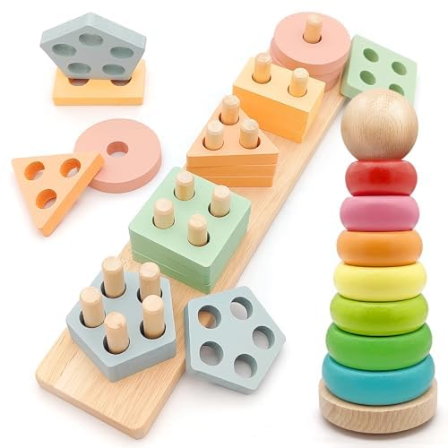 Gemtte Montessori Spielzeug ab 1 Jahr, Baby Holzspielzeug Stapelturm und Puzzle Motorikspielzeug, Holz Sortier & Stapelspielzeug, Baby Kinderspielzeug Lernspielzeug Geschenk 1 2 3 Jahr von Gemtte