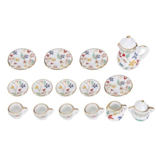 1:12 Miniaturen Puppenhäuser Küchenzubehör Teekanne Tasse Teller Set 15 Stück Blumenmuster Porzellan Teetassen-Set von Generic