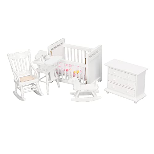 1:12 Puppenhaus-Möbelset, Mini-Birke-Miniatur-Babybett, Schaukelpferd, Stuhl, Schrank mit Feiner Verarbeitung für DIY-Puppenhausszene von Generic