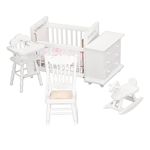 1:12 Puppenhaus-Möbelset, Mini-Birke-Miniatur-Babybett, Schaukelpferd, Stuhl, Schrank mit Feiner Verarbeitung für DIY-Puppenhausszene von Generic