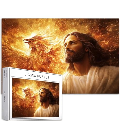 1000 Teile A Phoenix hinter dem majestätischen Porträt Jesus, Puzzle für Erwachsene, anspruchsvolle Familienaktivitäten, buntes Bastelpuzzle für Heimdekoration, Geschenke, 68 x 50 cm von Generic