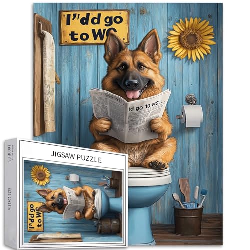 1000 Teile Deutscher Schäferhund, sitzend auf Toilettensitz und Zeitung lesen, Puzzles für Erwachsene, 68,6 x 50,8 cm, bunte DIY-Puzzles für Heimdekoration, Geschenke, Familienpuzzle, perfekt für von Generic