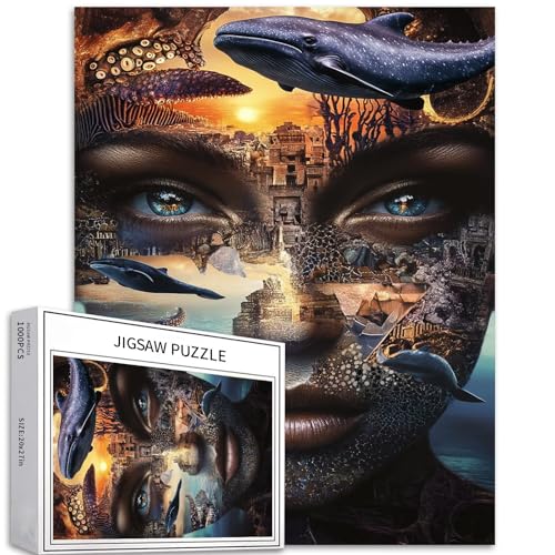 1000 Teile Frauengesicht verschmilzt sich in Unterwasserruinen, Puzzle für Erwachsene, bunte DIY-Puzzles für Heimdekoration, Geschenke, Familienpuzzle, perfekt für Spieleabende, 68 x 50 cm von Generic