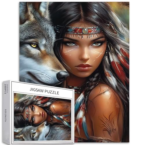 1000 Teile Indianer-Mädchen und Wolf-Puzzles für Erwachsene, bunte DIY-Puzzles für Heimdekoration, Geschenke, Familienpuzzle, perfekt für Spieleabende, 68 x 50 cm von Generic