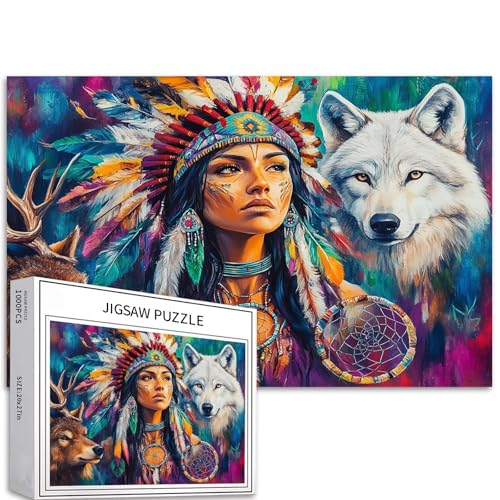 1000 Teile Indianerin mit weißem Wolf und Rentier, Puzzles für Erwachsene, bunte DIY-Puzzles für Heimdekoration, Geschenke, Familienpuzzle, perfekt für Spieleabende, 68 x 50 cm von Generic