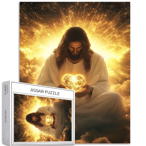 1000 Teile Jesus hält ein goldenes Herz in seinen Händen, Puzzle für Erwachsene, 68,6 x 50,8 cm, anspruchsvolle Familienaktivitäten, buntes Bastelpuzzle für Heimdekoration, Geschenke von Generic