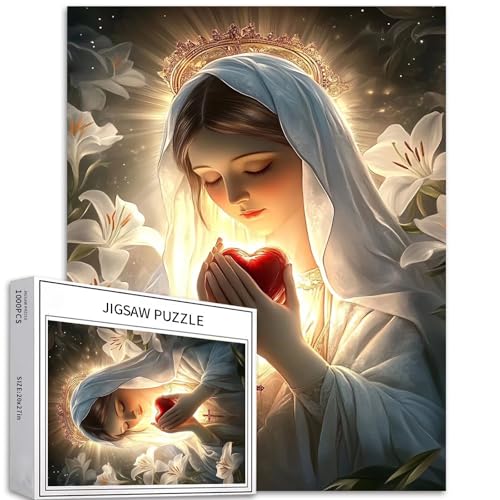 1000 Teile Jungfrau Maria hält das Heilige Herz Puzzle für Erwachsene, 50 × 70 cm, Christentum-Puzzle, Theotokos-Puzzle, herausfordernde Familienaktivitätsspiele, buntes DIY-Bastelpuzzle für von Generic