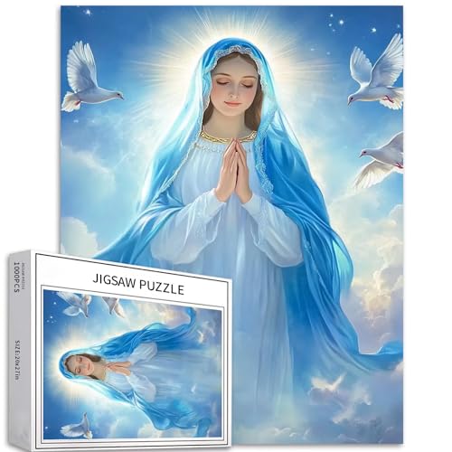 1000 Teile Jungfrau Maria in blauem Schleier Puzzle für Erwachsene, Christentum, Theotokos Puzzle, 68,6 x 50,8 cm, anspruchsvolle Familienaktivitäten, buntes Bastelpuzzle für Heimdekoration, Geschenke von Generic