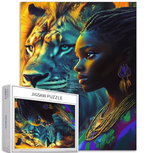 1000 Teile Löwin steht neben afrikanischer Frau Puzzles für Erwachsene, bunte DIY-Puzzles für Heimdekoration, Geschenke, Familienpuzzle, perfekt für Spieleabende, 68 x 50 cm von Generic