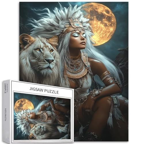 1000 Teile Maya-Frau, die sich auf einen sitzenden Löwen lehnt, Puzzles für Erwachsene, buntes DIY-Puzzles für Heimdekoration, Geschenke, Familienpuzzle, perfekt für Spielabende, 50 x 70 cm von Generic