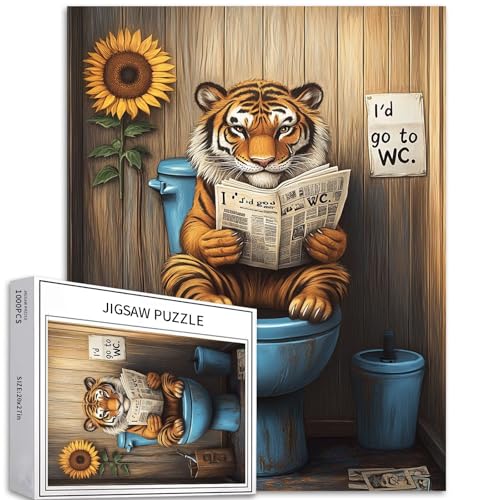 1000 Teile Tiger sitzen auf Toilettensitz und lesen Zeitung Puzzle für Erwachsene, 68,6 x 50,8 cm, bunte DIY-Puzzles für Heimdekoration, Geschenke, Familienpuzzle, perfekt für Spielabende von Generic