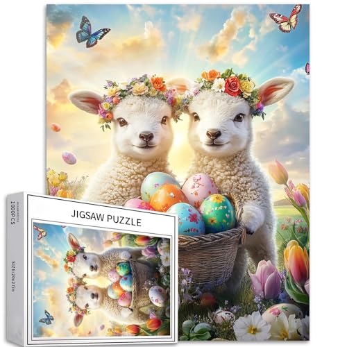 1000 Teile Zwei Lämmer mit Blumenkronen Puzzle für Erwachsene, Ostereier-Puzzle, 68,6 x 50,8 cm, Oster-Puzzle, anspruchsvolle Familienaktivitäten, buntes Bastelpuzzle für Heimdekoration, Geschenke von Generic