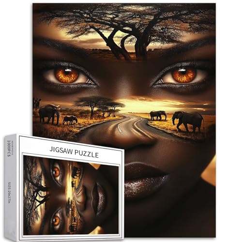 1000 Teile schöne afrikanische Frau vermischt sich mit der Landschaft Safari-Park-Puzzle für Erwachsene, bunte DIY-Puzzles für Heimdekoration, Geschenke, Familienpuzzle, perfekt für Spielabende, 50 x von Generic