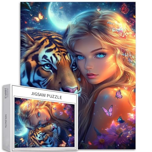 1000 Teile schönes Mädchen, das neben Tiger steht, Puzzles für Erwachsene, anspruchsvolle Familienaktivitäten, buntes DIY-Bastelpuzzle für Heimdekoration, Geschenke, 68 x 50 cm von Generic