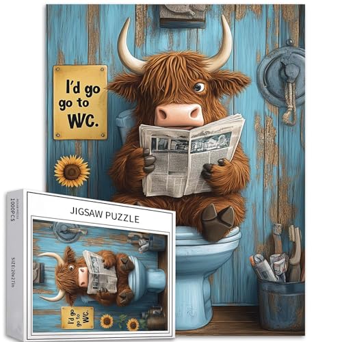 1000 Teile schottische Hochlandkuh sitzend auf Toilettensitz und Zeitung lesen, Puzzles für Erwachsene, 50 × 70 cm, bunte DIY-Puzzles für Heimdekoration, Geschenke, Familienpuzzle, perfekt für von Generic