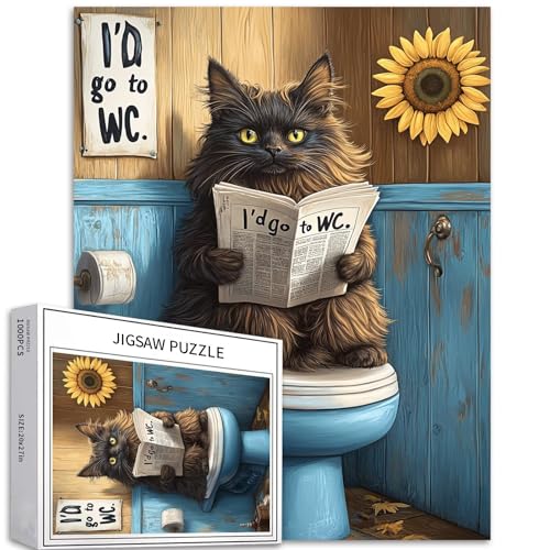 1000 Teile schwarze Maine-Coon-Katze, sitzend auf Toilettensitz, zum Lesen von Zeitungen, Puzzles für Erwachsene, 68,6 x 50,8 cm, bunte DIY-Puzzles für Heimdekoration, Geschenke, Familienpuzzle, von Generic