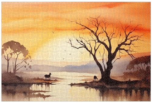 1000-teilige Holzpuzzles, für Erwachsene, Herrlicher Sonnenuntergangsblick auf das afrikanische Grasland, Aquarellmalerei (B ; 1000) von Generic