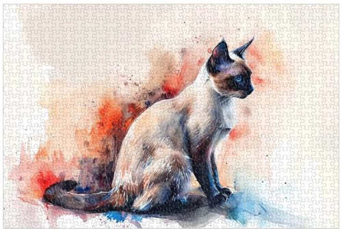 1000-teilige Holzpuzzles für Erwachsene, Elegante siamesische Katze mit anmutiger Haltung, farbenfrohes Aquarell-Kunstgemälde mit Tiermotiv (C ; 1000) von Generic