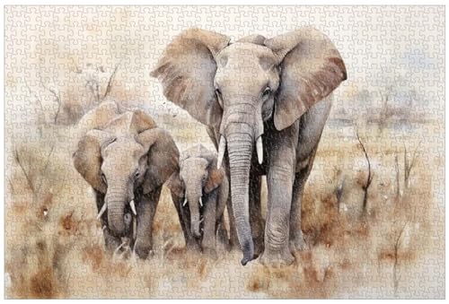 1000-teilige Holzpuzzles für Erwachsene, Majestätische Elefantenfamilie (2), Tier-Elefant-Puzzle, Aquarellmalerei (D ; 500) von Generic