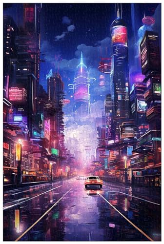 1000-teilige Holzpuzzles für Erwachsene, futuristisches Cyberpunk-Stadtbild bei Nacht (A ; 1000) von Generic