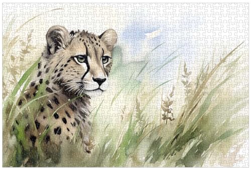 1000-teilige Holzpuzzles für Erwachsene, geheimnisvoller Gepard im Gras, das schnellste Raubtier, Aquarellmalerei (C ; 500) von Generic