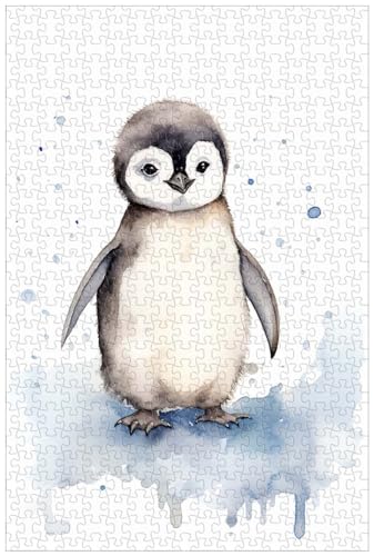 1000-teilige Holzpuzzles für Erwachsene, schüttelndes süßes kleines Pinguinbaby, Tier-Aquarellmalerei (B ; 500) von Generic