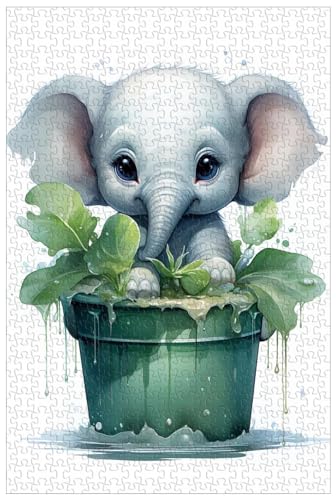 1000-teiliges Holzpuzzle für Erwachsene, niedliches Aquarell-Cartoon-Tierpuzzle, Elefantenbaby im Eimer (C ; 500) von Generic