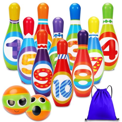 12 teiliges Bowling Set, Kegelspiel für Kinder mit 10 weiche Kegel und 2 Bälle, Kinderspielzeug Kinderspiele Lernspiele Junge Mädchen Outdoor & Indoor Spielzeug (Bunt) von Generic