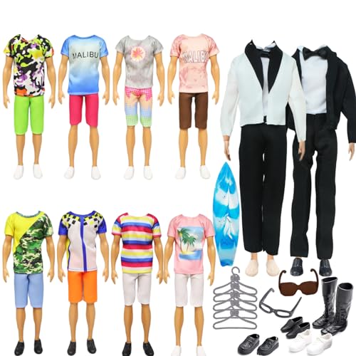 26 Stück Puppenkleidung Kompatibel mit Ken Kleidung, Clothes for Jungen Puppen 1 Anzug 5 Freizeitbekleidung 5 Hosen 6 Paar Schuhe 5 Kleiderregal 1 Ohrhörer 1 Paddle Board für 12 Zoll Jungen Puppen von Generic