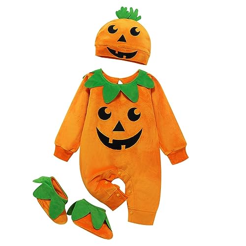 3 Stück Halloween Neugeborenes Mädchen Unisex Halloween-Kostüm Halloween Kürbis Set 0-24 Monate Baby Jumpsuit für Kinder Karnevalskleid Kinder Overall Kinder Hut und Schuhe von Generic