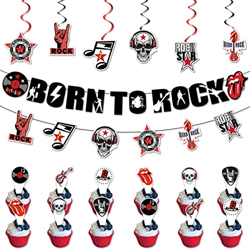 32 Stück Rock and Roll Party Dekoration, Geburtstag Dekoration Set inklusive Born to Rock Banner Hanging Swirls, Gitarre Cake Topper, Rockmusik Cupcake Topper Musikalische Thema Party Zubehör von Generic