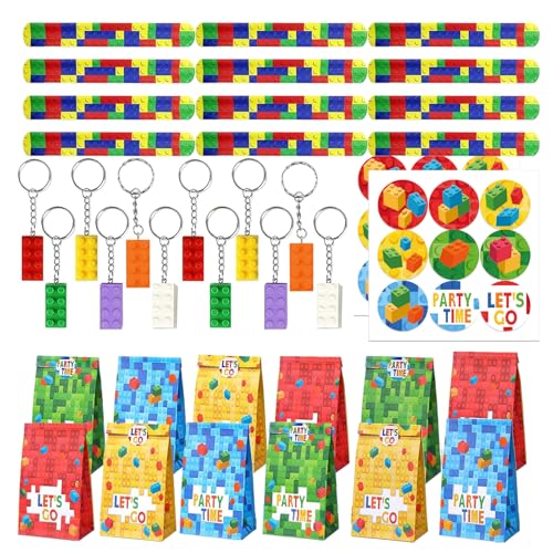 36 Pcs Bausteine Geburtstag Mitgebsel,Jungen Bausteine Party,12 Kinder Slap Armbänder,12 Schlüsselanhänger Bausteine ,12 Geschenktüte für Kindergeburtstag Jungen Mädchen von Generic