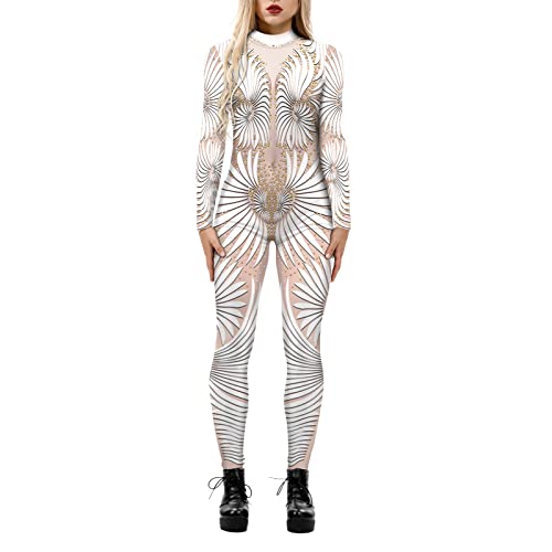 3D Druck Roboter Jumpsuit Cosplay Overall Damen Skelettkostüm Skeleton Jumpsuit Digitaldruck Catsuit Roboter Rüstung Bodysuit Stretch Bodysuit Ganzkörper für Halloween Karneval (1-Beige, S) von Generic