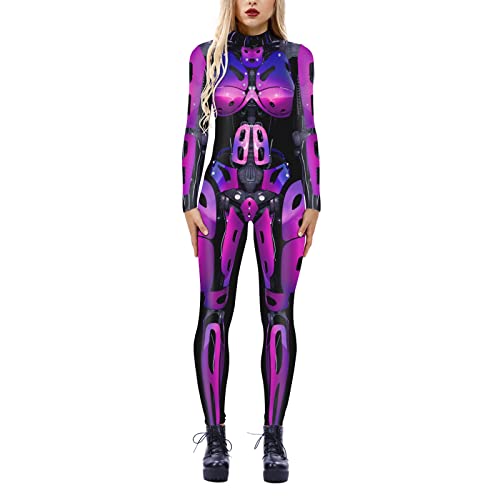 3D Druck Roboter Jumpsuit Cosplay Overall Damen Skelettkostüm Skeleton Jumpsuit Digitaldruck Catsuit Roboter Rüstung Bodysuit Stretch Bodysuit Ganzkörper für Halloween Karneval (Purple, L) von Generic