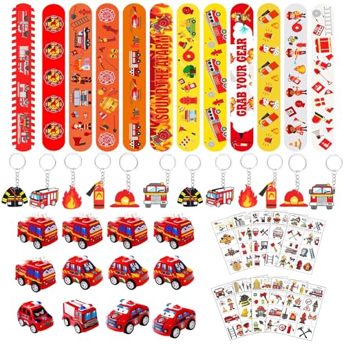 46PCS Feuerwehr Party Mitgebsel,Feuerwehr Deko Kindergeburtstag,12 Schlüsselanhänger,12 Schnapparmband,10 Temporäre Tattoos Feuerwehr Spielzeug für Kinder Jungen Mädchen von Generic