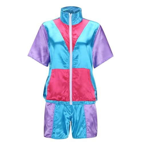 80er Jahre Outfit Damen Mottoparty,Trainingsanzug Damen Faschingskostüme Vintage Kurze Karneval Disco Party Kostüm Hippie Hip-Hop Performance-Kostüme Unisex Kurzarm Jacke und Shorts Anzug von Generic