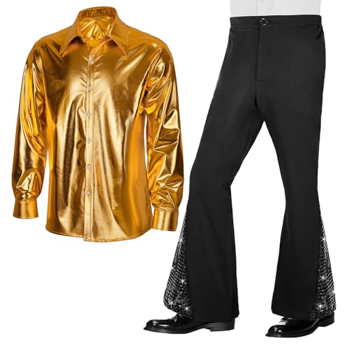 80er Jahre Outfit Herren Mottoparty Faschingskostüme Set aus Ausgestellter Hose und Glänzendem Hemd Vintage Lässige New Disco Hip-Hop Partykleidung Karneval Trainingsanzug Bad Taste Outfits von Generic