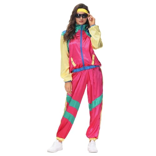 80er Trainingsanzug Damen - 80er Jahre Outfit Jacke und Hose Disco Kostüm Fasching Retro Hippie Jogginganzug Partnerkostüme Erwachsene Party Tracksuit Mottoparty Freizeitanzug Faschingskostüme von Generic