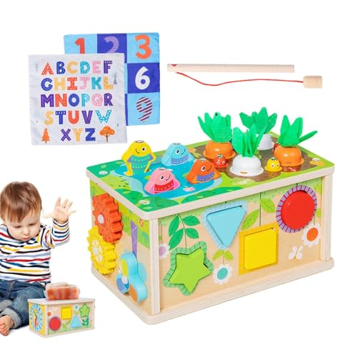 Aktivitätswürfel für Kinder, Aktivitätscenter aus Holz - Karottenernte-Spiel | Nachziehbares sensorisches Spielzeug, Uhrenspielzeug, multifunktionales Lernpuzzlespielzeug für Vorschulkinder von Generic