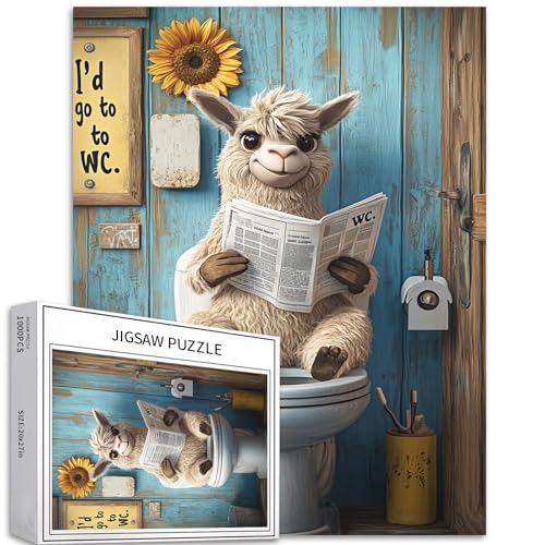 Alpaka, sitzend auf Toilettensitz, Zeitung, 1000-teiliges Puzzle für Erwachsene, bunte DIY-Puzzles für Heimdekoration, Geschenke, Familienpuzzle, perfekt für Spielabende, 68 x 50 cm von Generic