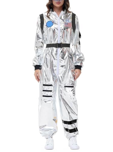 Astronaut Kostüm Damen, Silberner Astronauten Kostüm Overall mit Reißverschluss, Space Anzug für Fasching, Karneval, Halloween, Cosplay Erwachsene (Damen-Grau,L) von Generic