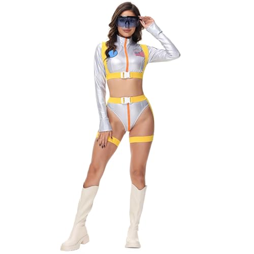 Astronaut Kostüm Damen 5-teiliges Set,Silber Space Kostüm| Astronauten Overall mit Brillen Spacepilot Jumpsuit Langarm Oberteil Unterhose und Unterteil für Cosplay Karneval Faschingskostüme von Generic