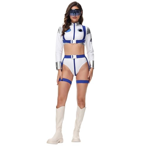 Astronaut Kostüm Damen 5-teiliges Set|Silber Space Kostüm Jumpsuit- Astronauten Overall mit Brillen Spacepilot Langarm Oberteil Unterhose und Unterteil für Cosplay Faschingskostüme von Generic