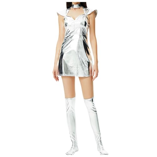 Astronaut Kostüm Damen Silber Astronauten Kostüme Erwachsene Karneval Raumfahrer Fasching Costume Space Weltall Raumanzug Kleid mit Schuhe Karnevalskostüm Faschingskostüme von Generic