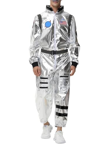 Astronaut Kostüm Herren, Silberner Astronauten Kostüm Overall mit Reißverschluss, Space Anzug für Fasching, Karneval, Halloween, Cosplay Erwachsene (Herren-Grau,L) von Generic