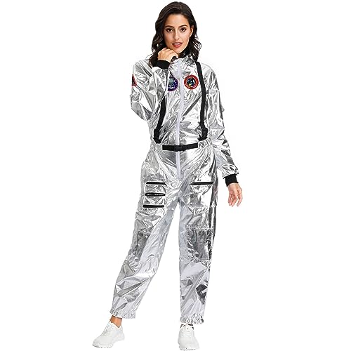 Astronauten Kostüm Damen Silber,Karnevalskostüme Damen Lustig,Jumpsuit Damen Herren Unisex Langarm Space Overall Karneval Party Mode Cosplay Weltraumastronaut Faschingskostüme Performance Kleidung von Generic