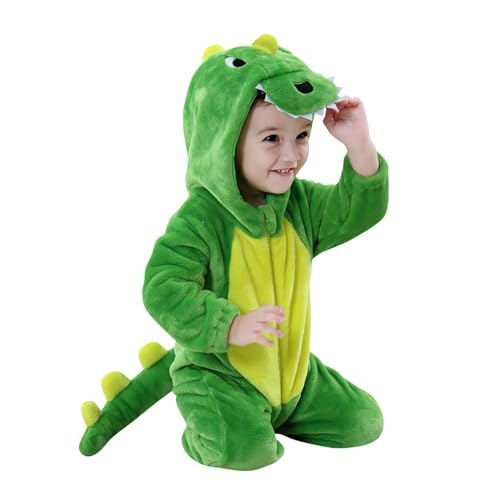 Baby Dinosaurier Kostüm Unisex Hoodie Strampler Flanell Bodysuit Karikatur Halloween Kostüme Niedlich Kinder Strampler Plüsch Cosplay Tier Bodysuit Halloween Karneval Cosplay (Green, 9-12 Months) von Generic