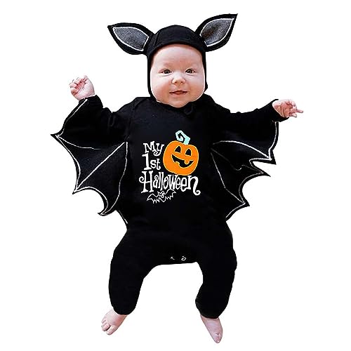 Baby Einteiler Neugeborene Mädchen Halloween Cartoon Brief Drucke Cosplay Strampler Säuglingskostüm Overalls Hut Outfits Einteiler Herren Schlafanzug (A, 12-18 Months) von Generic