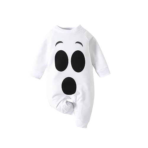 Baby-Einteiler mit Halloween-Kürbis-Geist-Aufdruck, langärmelig Babykostüm Säuglingsbaby Mädchen Strampler Babykostüm Unisex für Babys Kleinkinder Halloween Süßes oder Saures, (White, 12-18 Months) von Generic